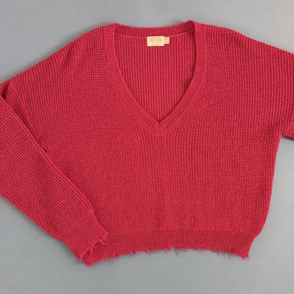 Nation LTD Baby Alpaca V-Neck Distressed Hem Pink Pullover Sweater